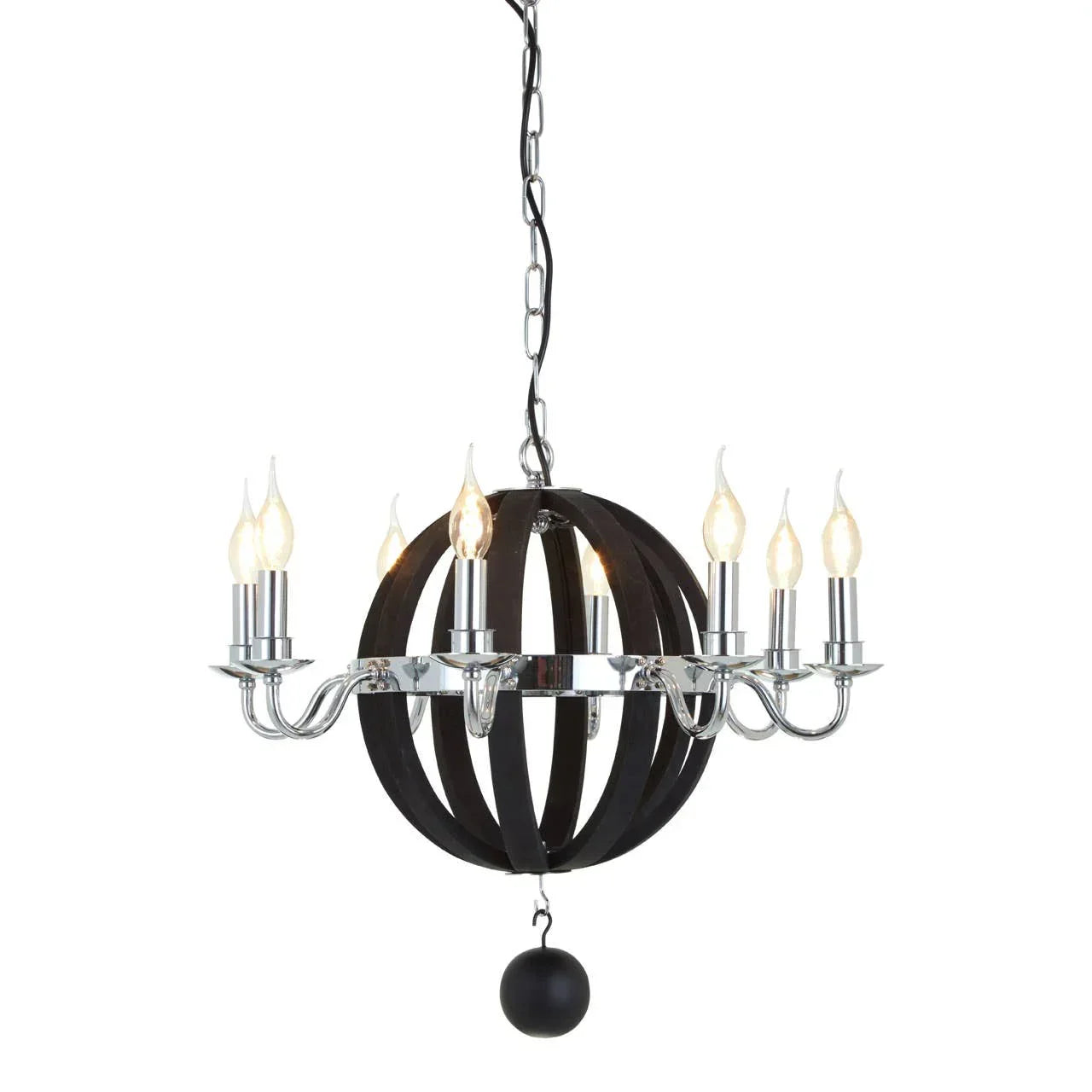 Modern black and chrome chandelier with eight candle-style lights and spherical frame
