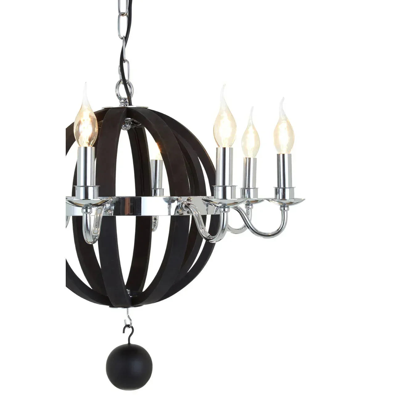 Modern black metal chandelier with chrome arms and candle style bulbs