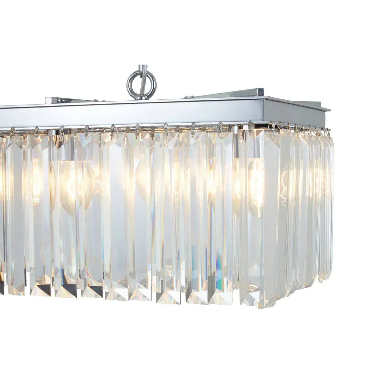 Rectangular crystal chandelier with chrome frame and hanging light prisms