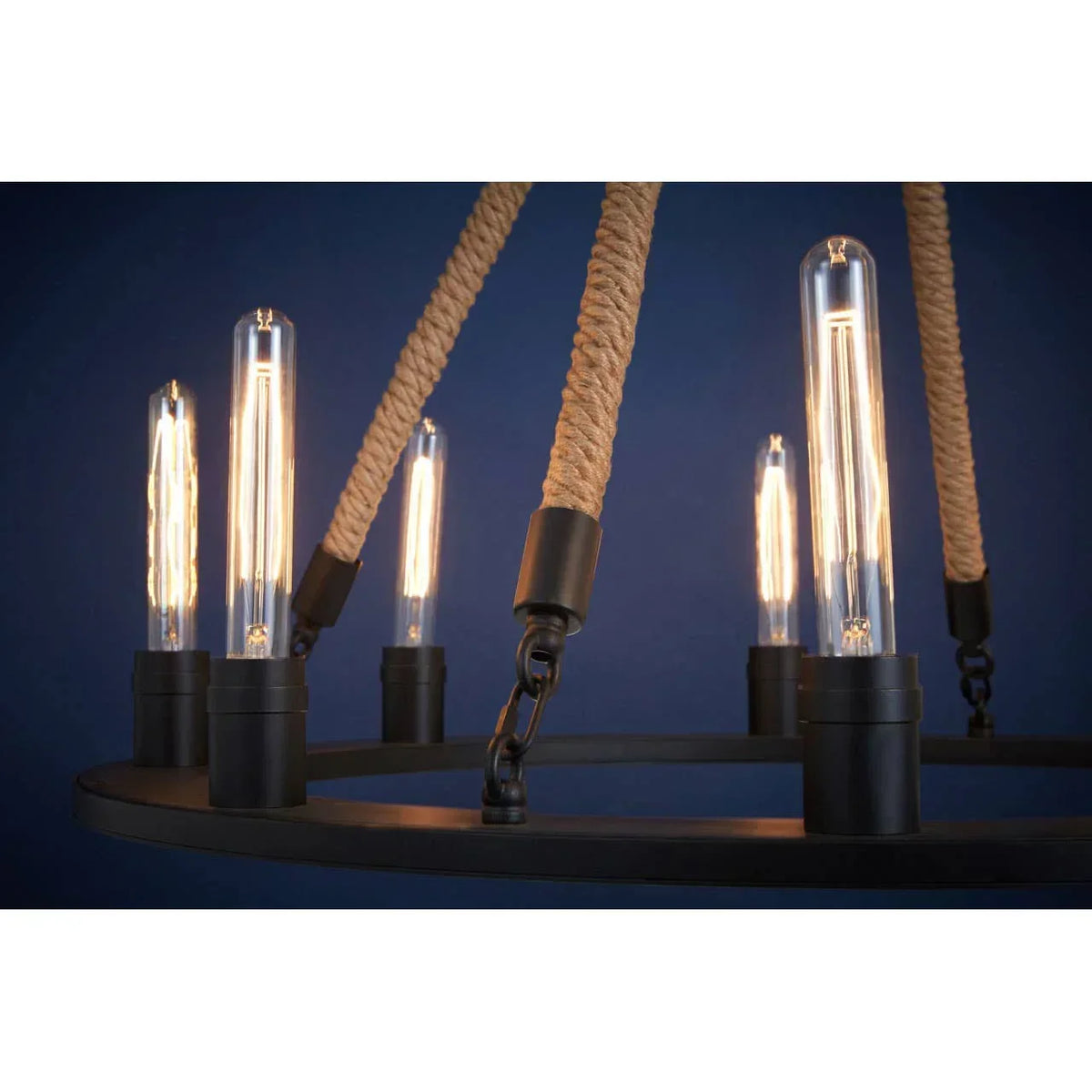 Industrial rope chandelier with exposed LED bulbs and black metal frame