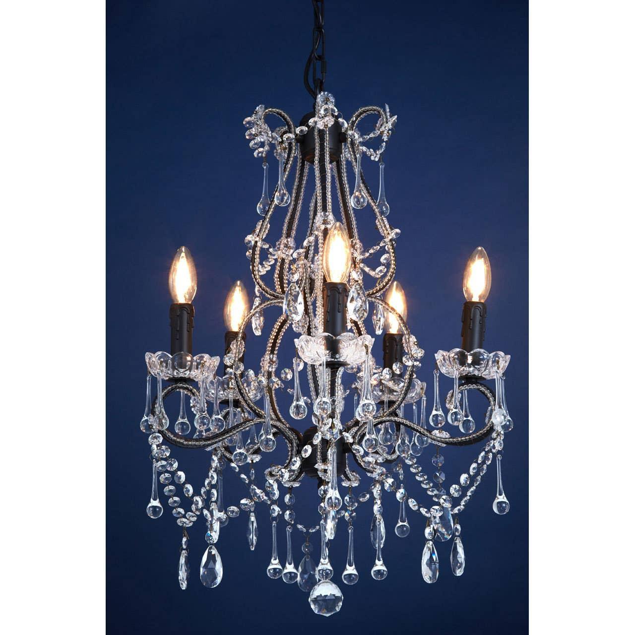 Five light crystal chandelier with black frame and hanging glass beads against blue background