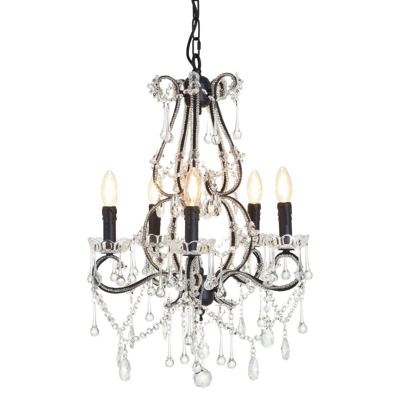 Five light crystal chandelier with black metal frame and hanging glass droplets