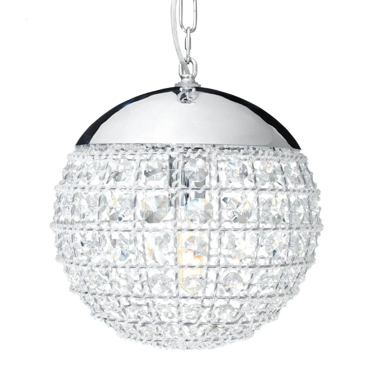 Crystal globe pendant light with chrome top and chain for modern interiors