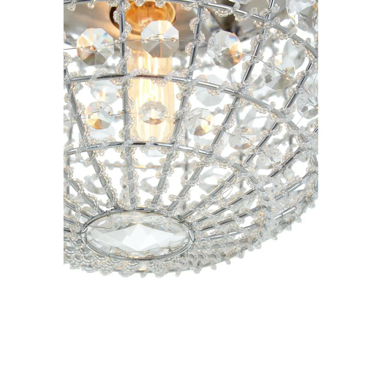Crystal ceiling light with chrome mesh frame and faceted glass detail, close-up view