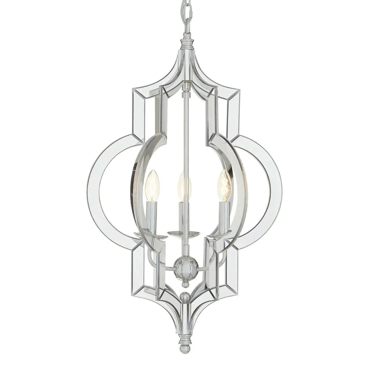 Chrome and glass pendant light fixture with three candle-style bulbs