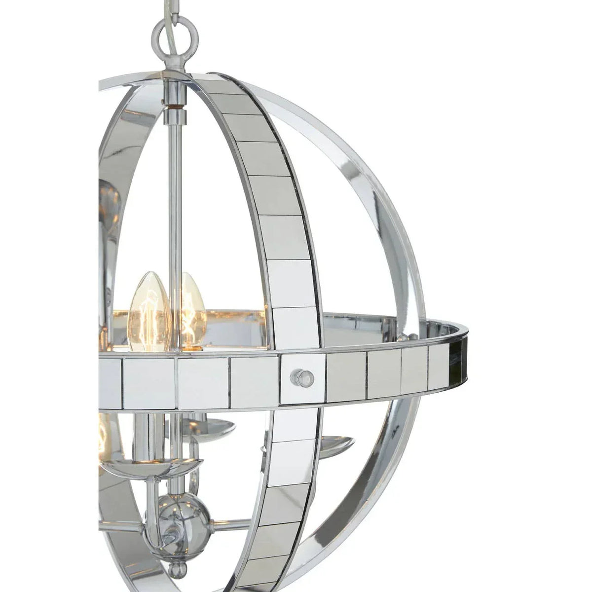 Chrome and glass globe chandelier with exposed bulbs and mirrored panels