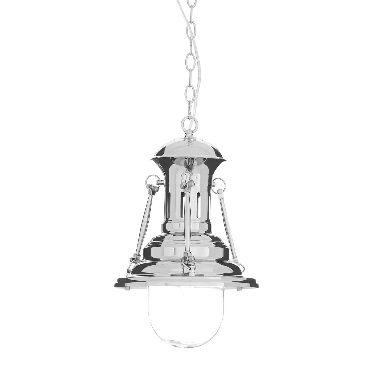 Chrome pendant ceiling light with clear glass shade and metal chain