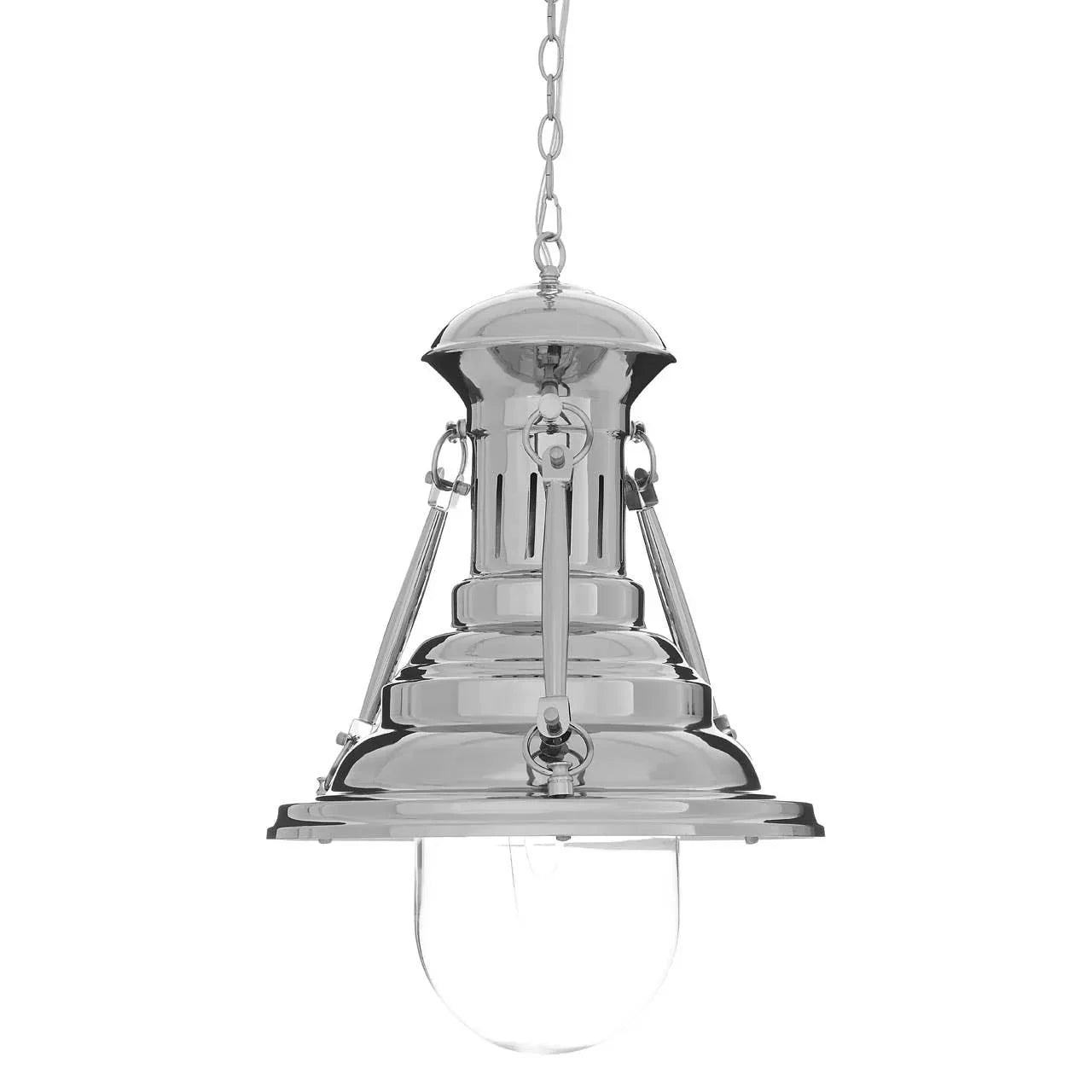 Polished chrome pendant ceiling light with glass shade and chain suspension