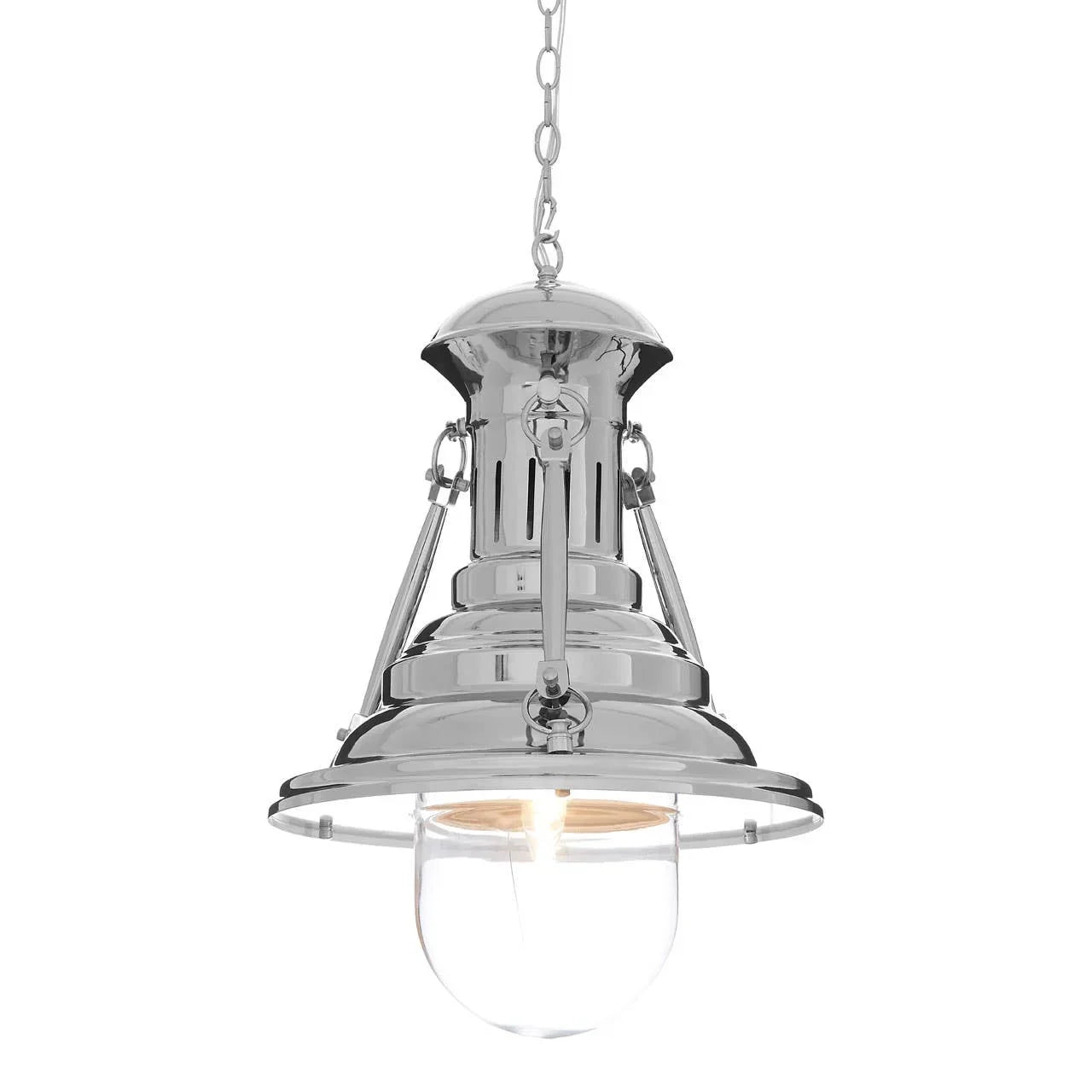 Chrome pendant ceiling light with clear glass shade and metal chain hanging fixture