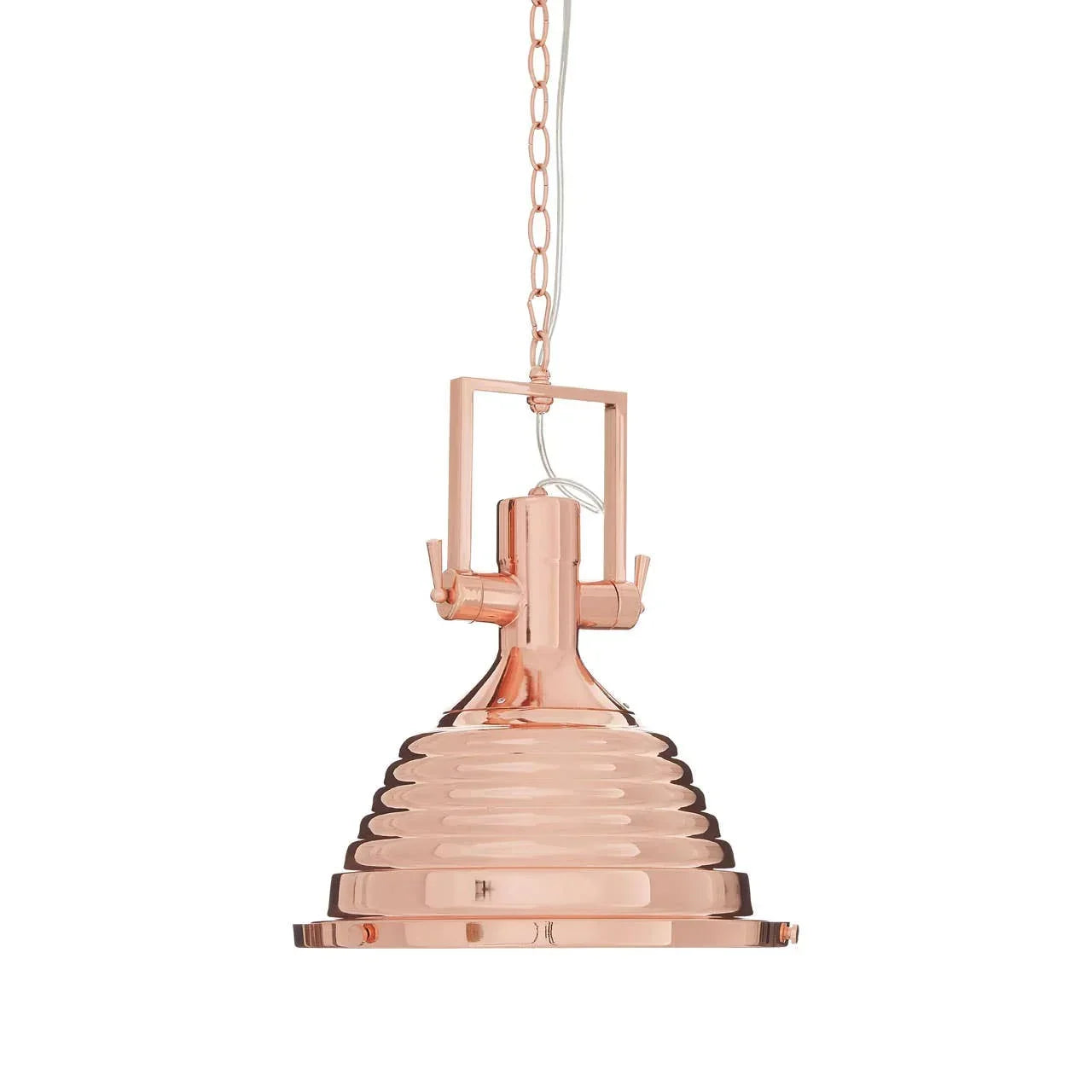 Copper pendant ceiling light with ribbed metal shade and chain suspension