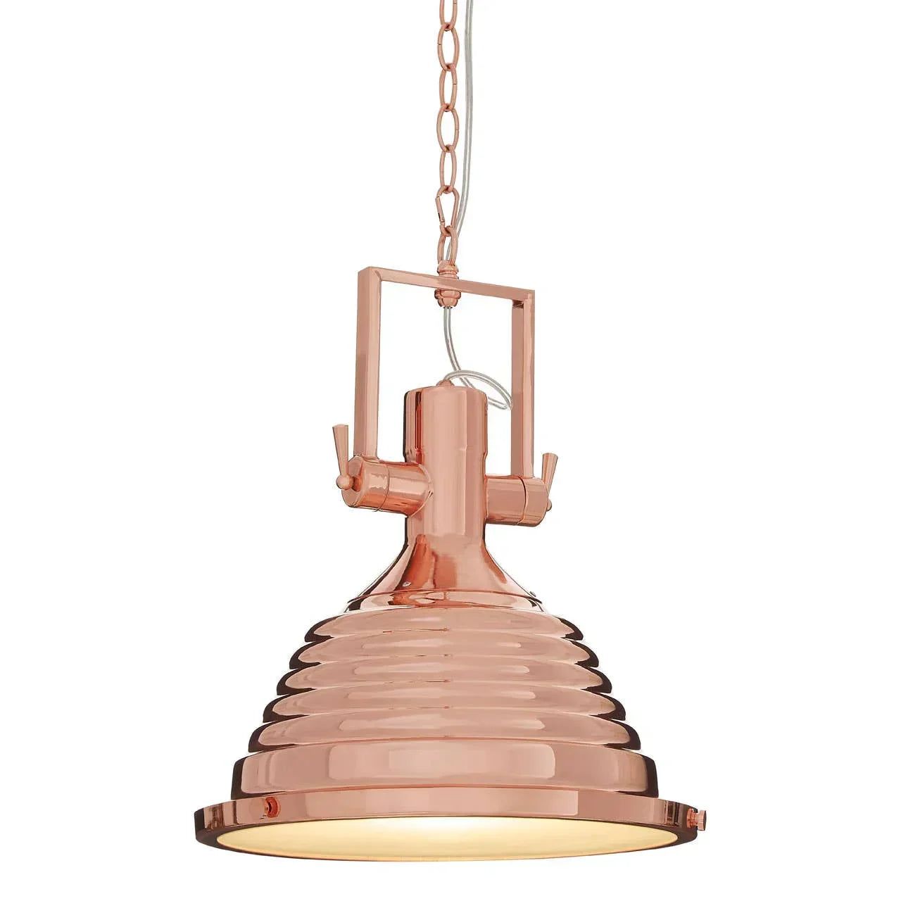 Copper pendant ceiling light with ribbed metal shade and chain hanging detail