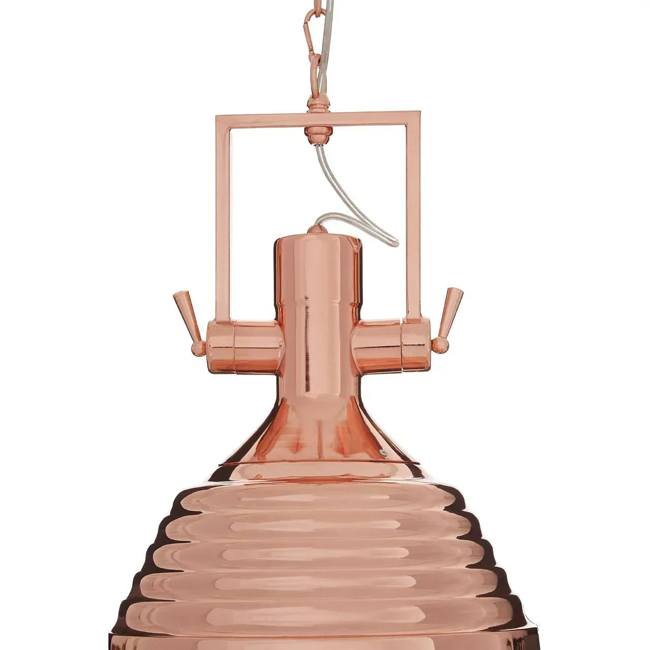 Copper pendant light with ribbed metal shade and industrial hanging chain