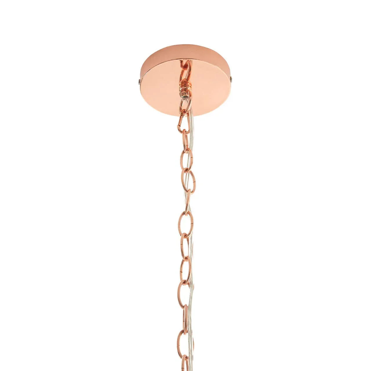 Copper ceiling light fixture chain and round ceiling rose detail
