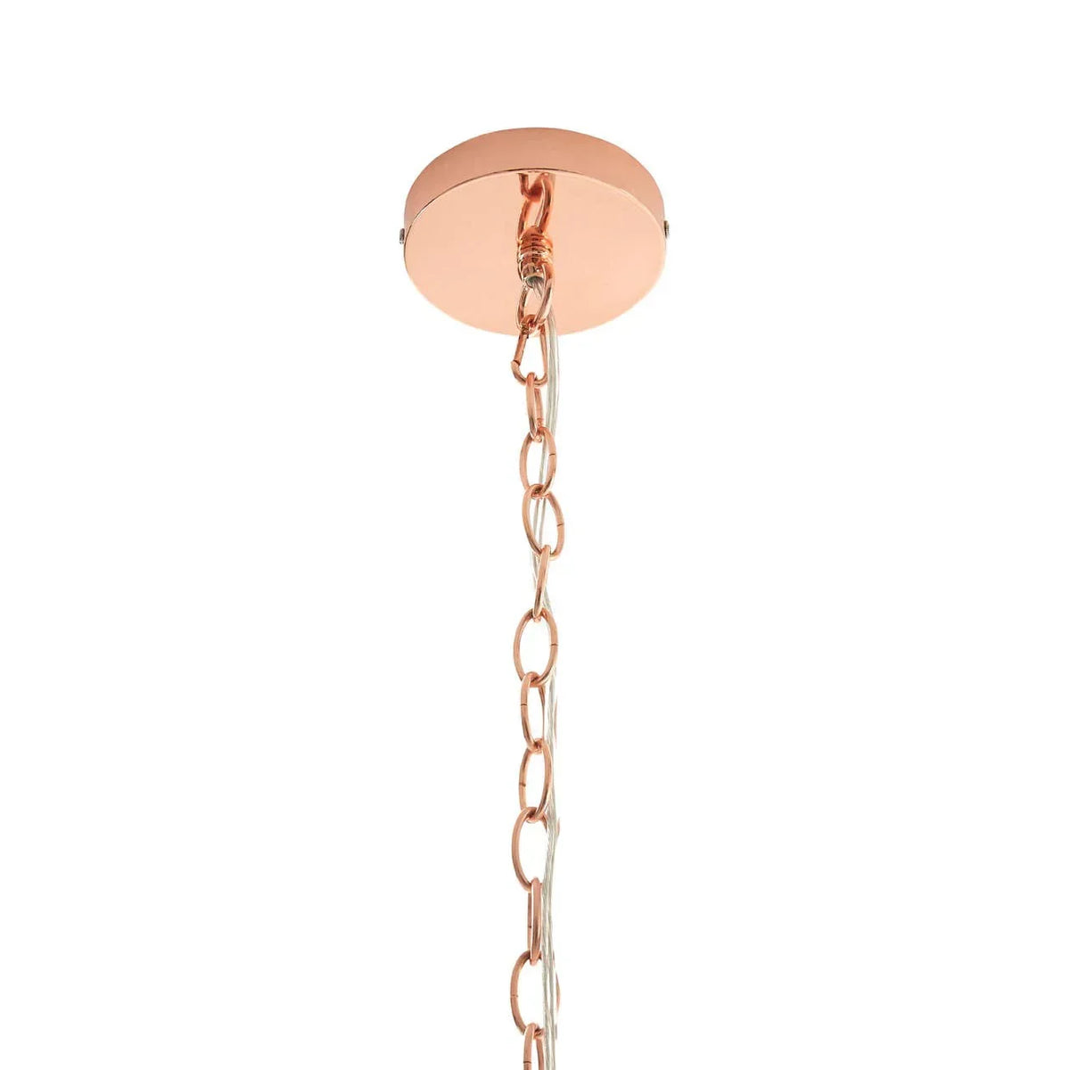 Copper ceiling light fixture chain and round ceiling rose detail