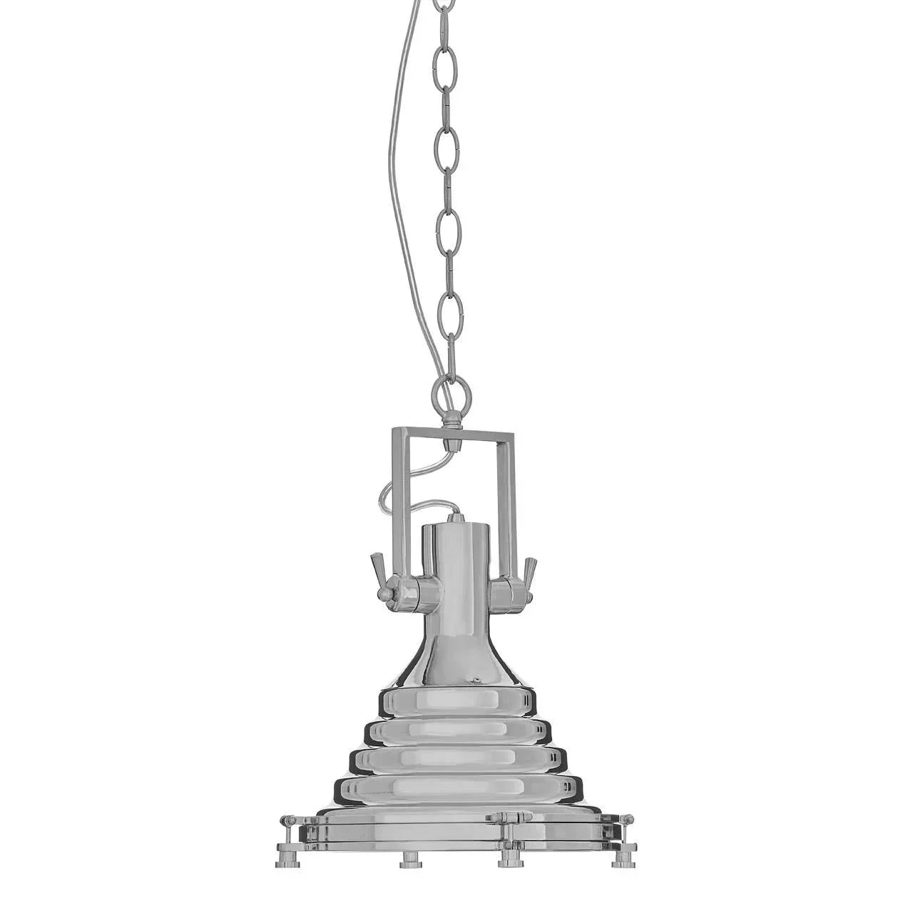 Chrome pendant light with industrial style and stepped metal shade on chain suspension