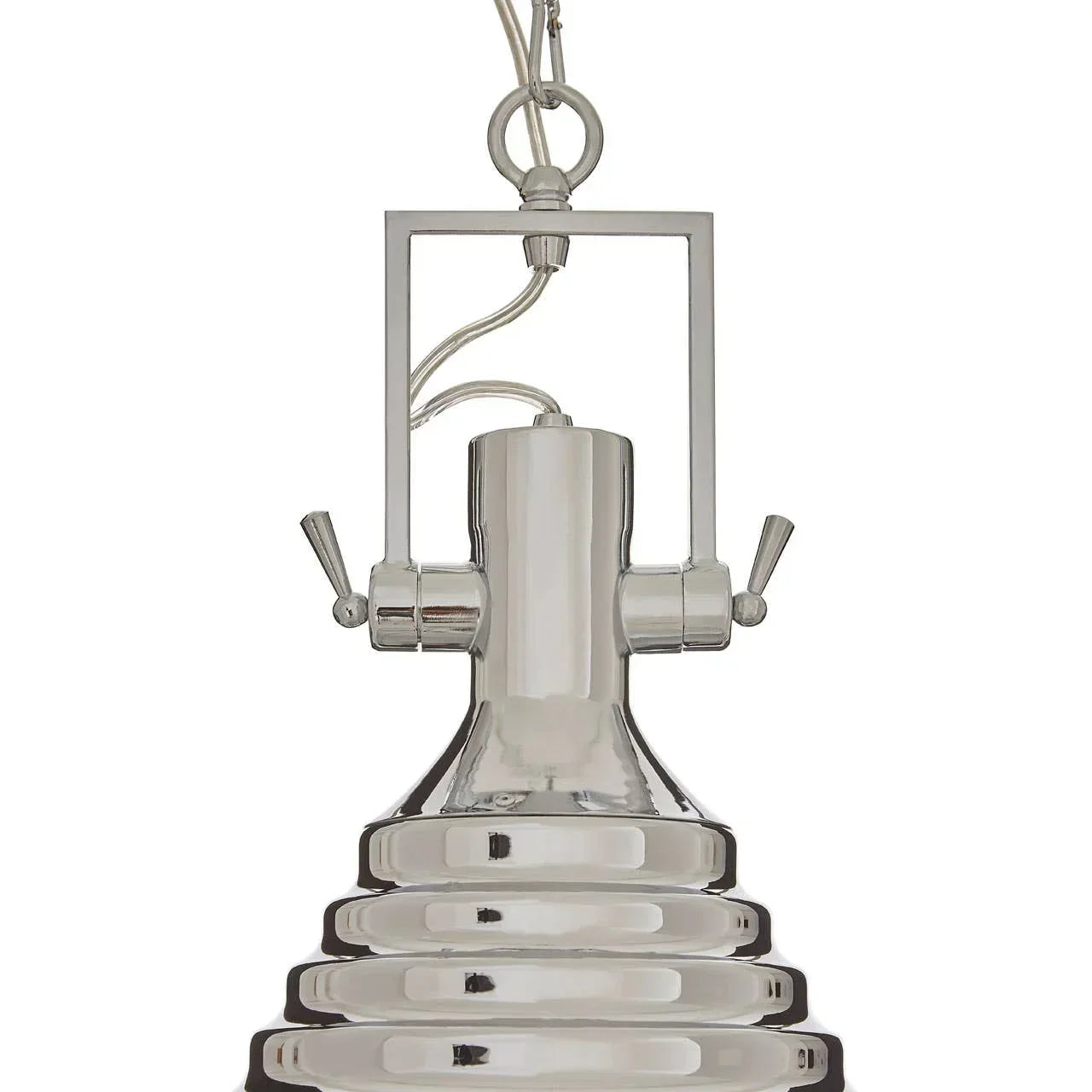 Chrome pendant ceiling light with ribbed metal shade and visible hanging cord