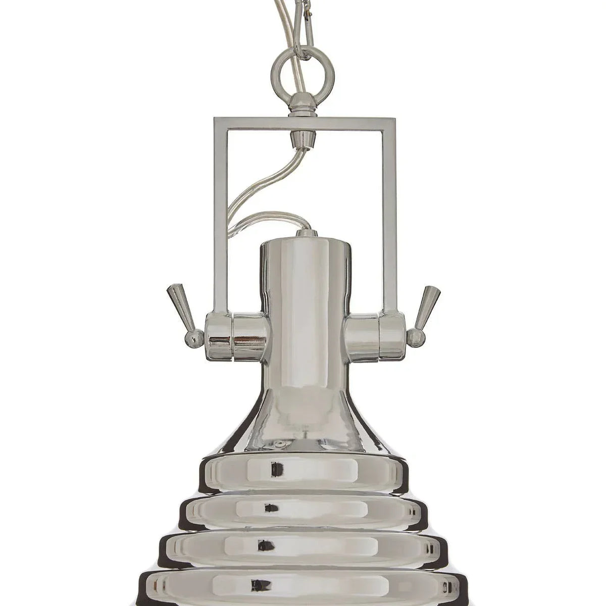 Chrome pendant ceiling light with ribbed metal shade and visible hanging cord