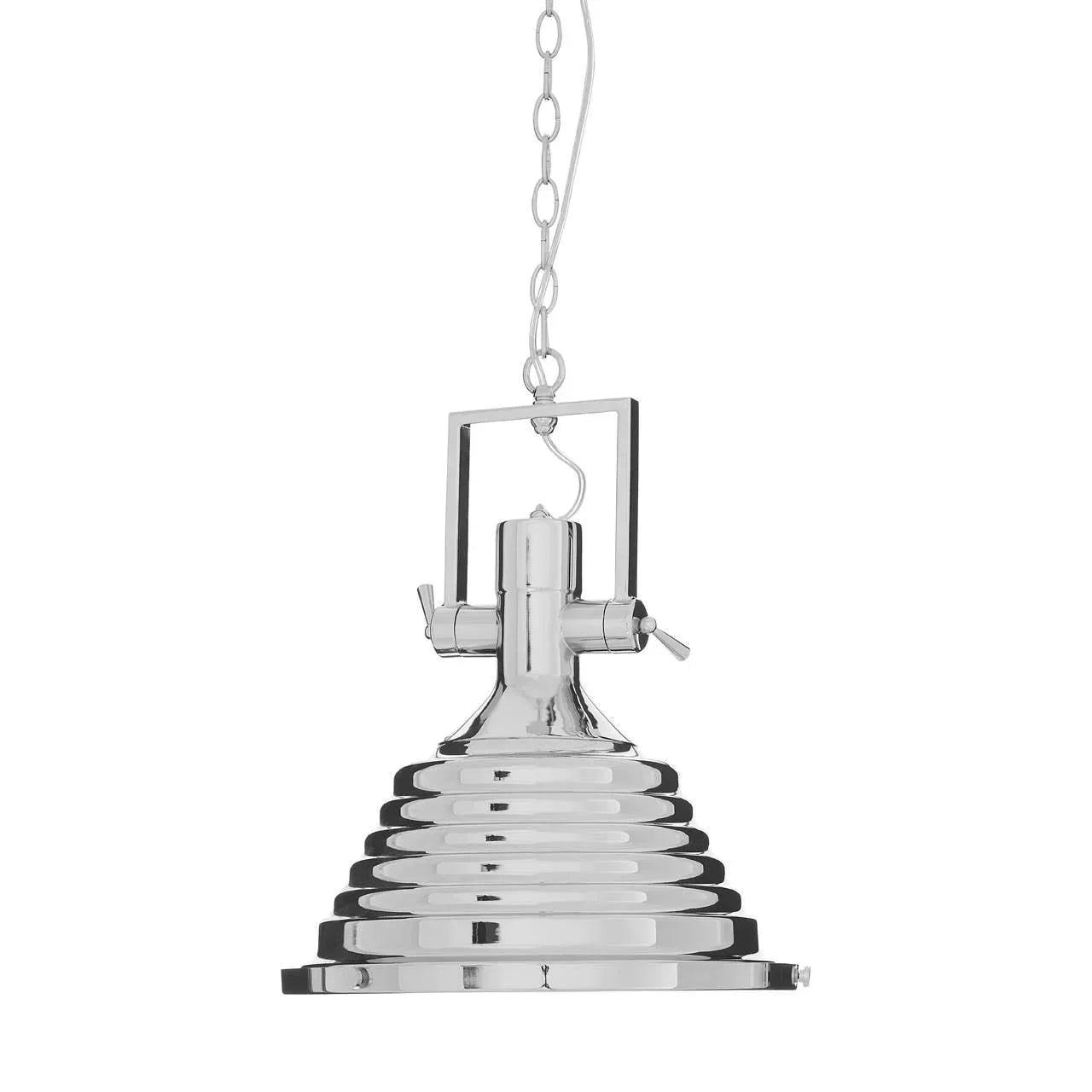 Chrome metal pendant light with ribbed shade and chain suspension