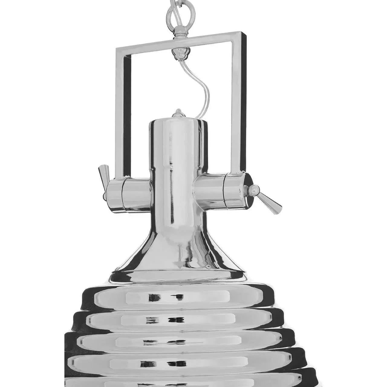 Chrome pendant light with ribbed metal shade and rectangular hanging frame