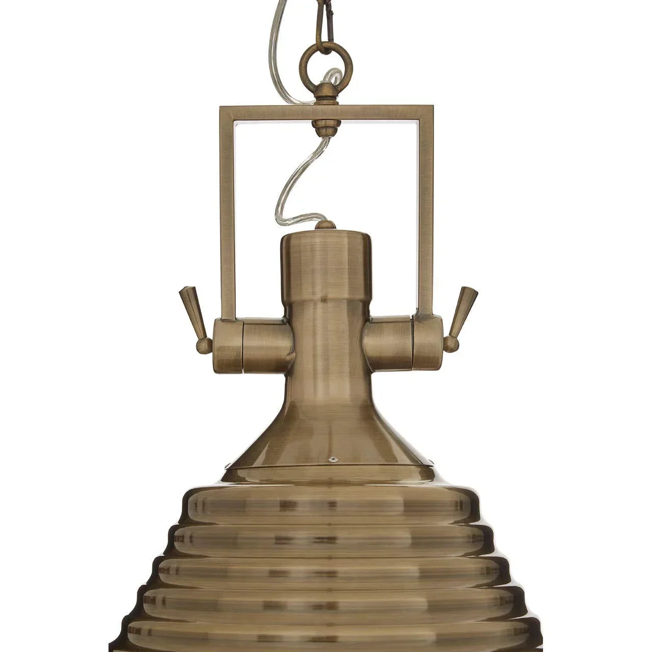 Brushed brass pendant light with ribbed metal shade and industrial hanging fixture detail