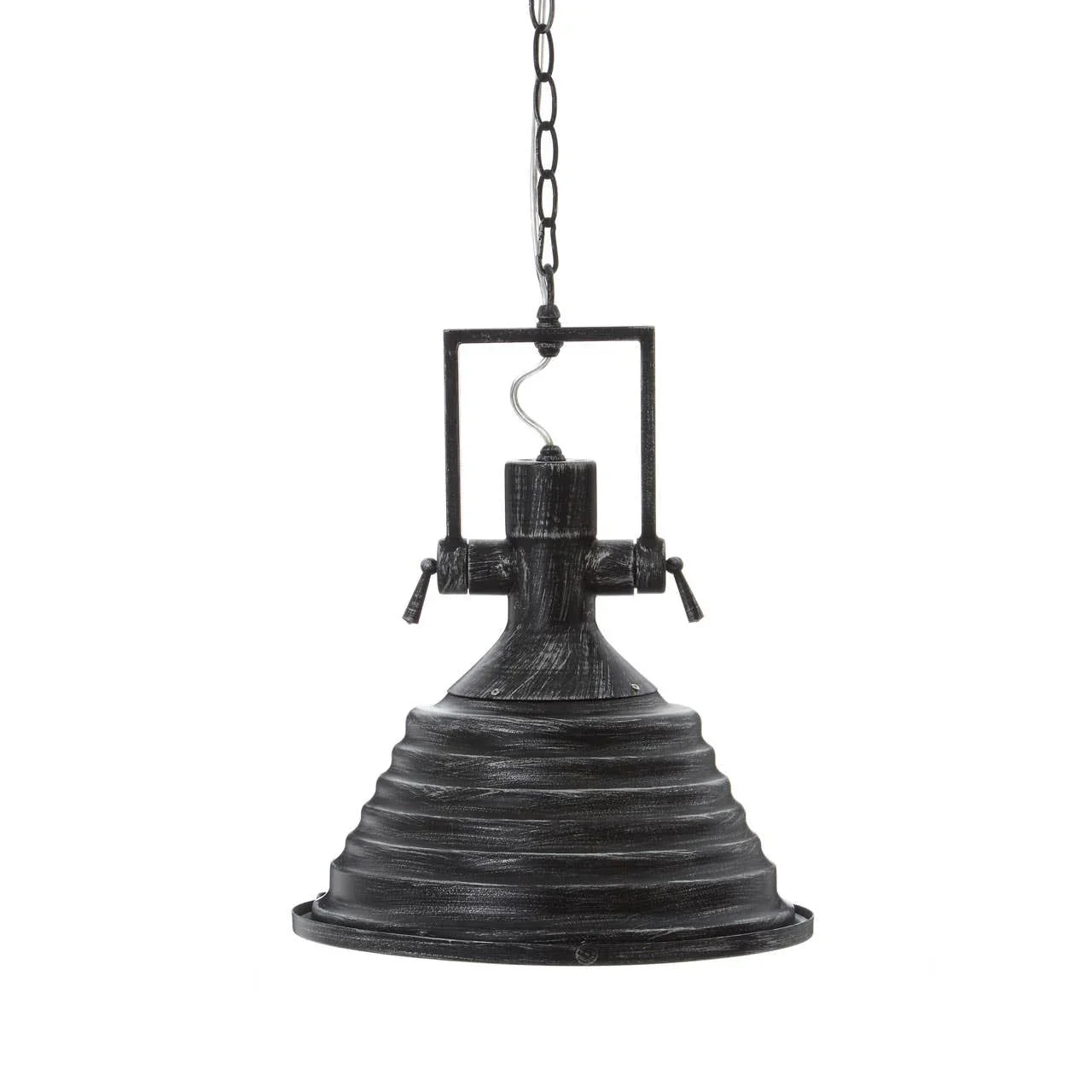 Black metal industrial pendant light with chain suspension and ribbed shade