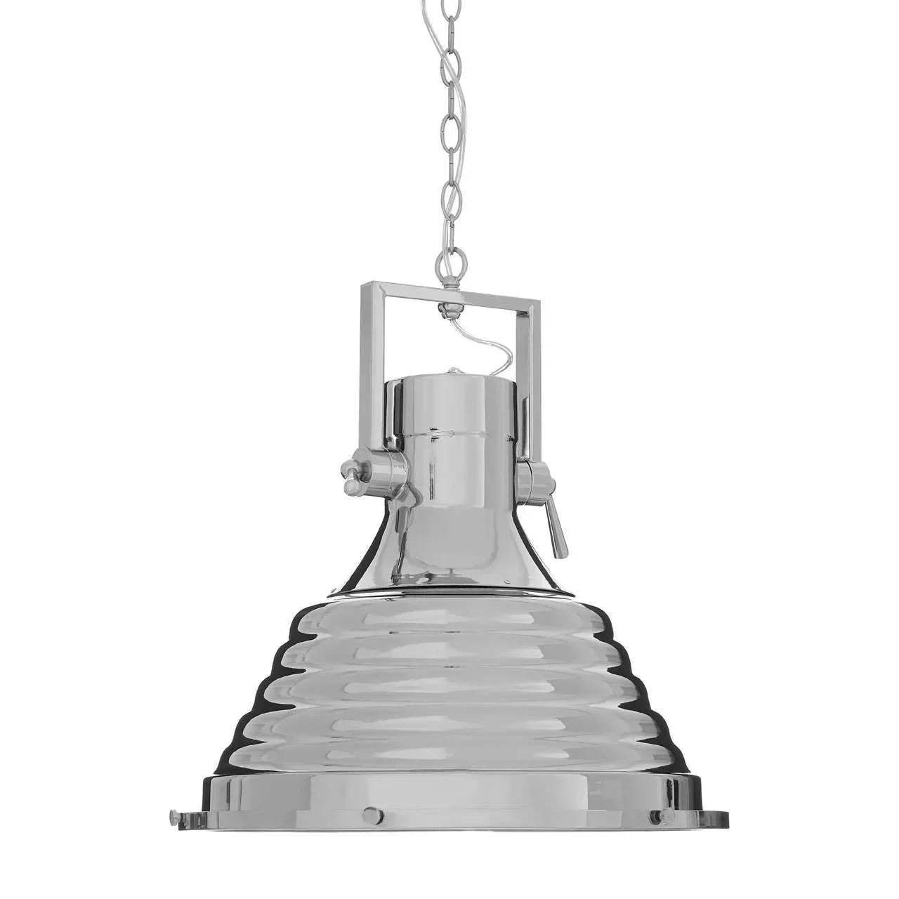 chrome industrial pendant light with chain suspension and ribbed metal shade