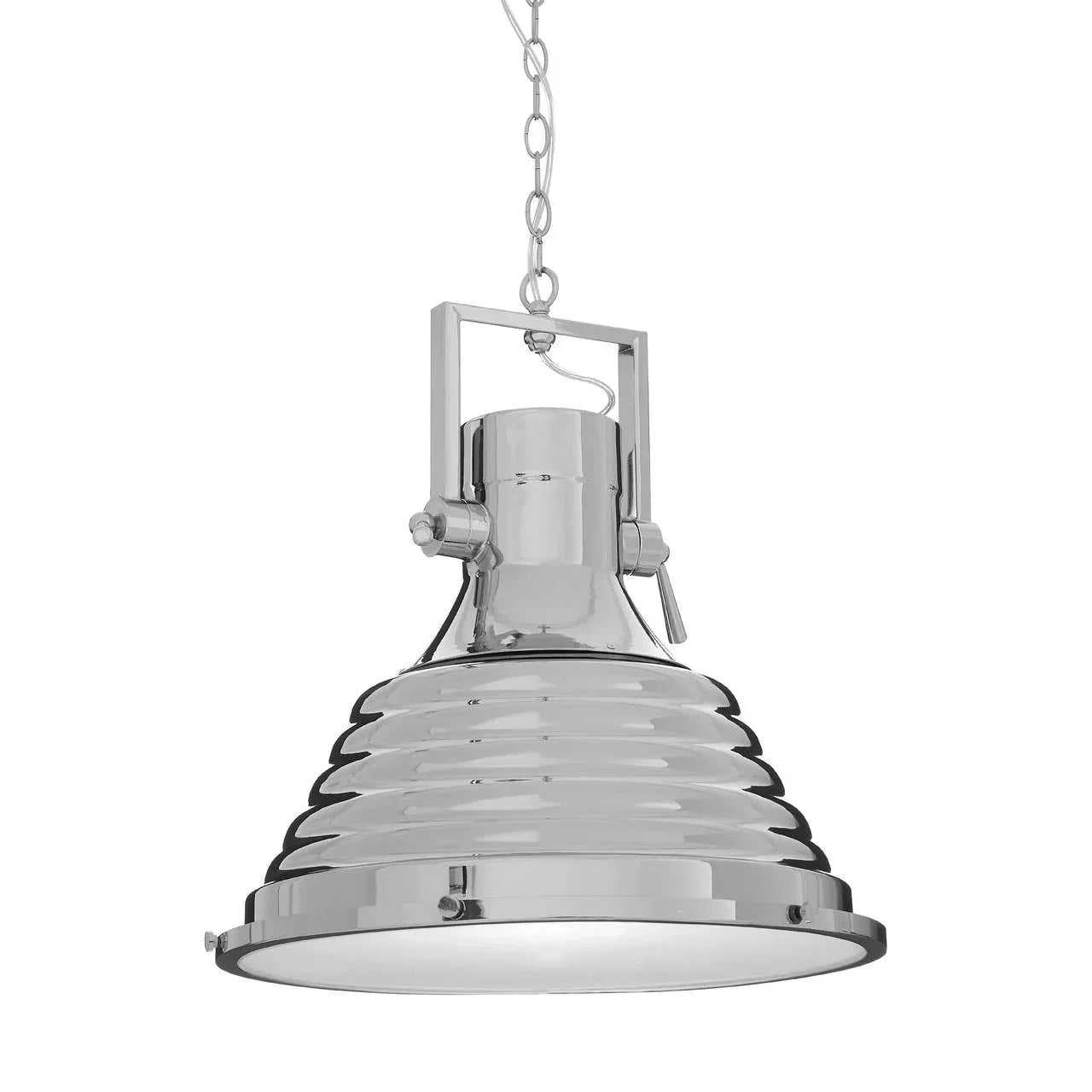 Chrome industrial pendant light with ridged metal shade and ceiling chain