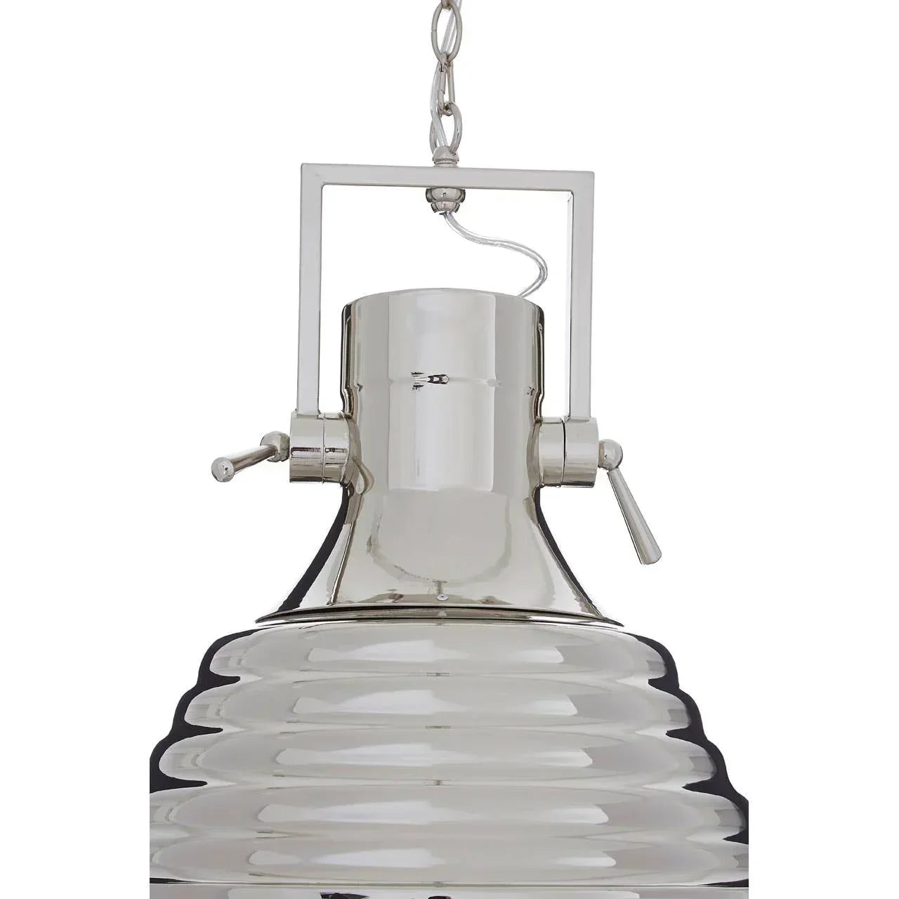 Modern ribbed glass pendant light with chrome detail and metal chain hanging
