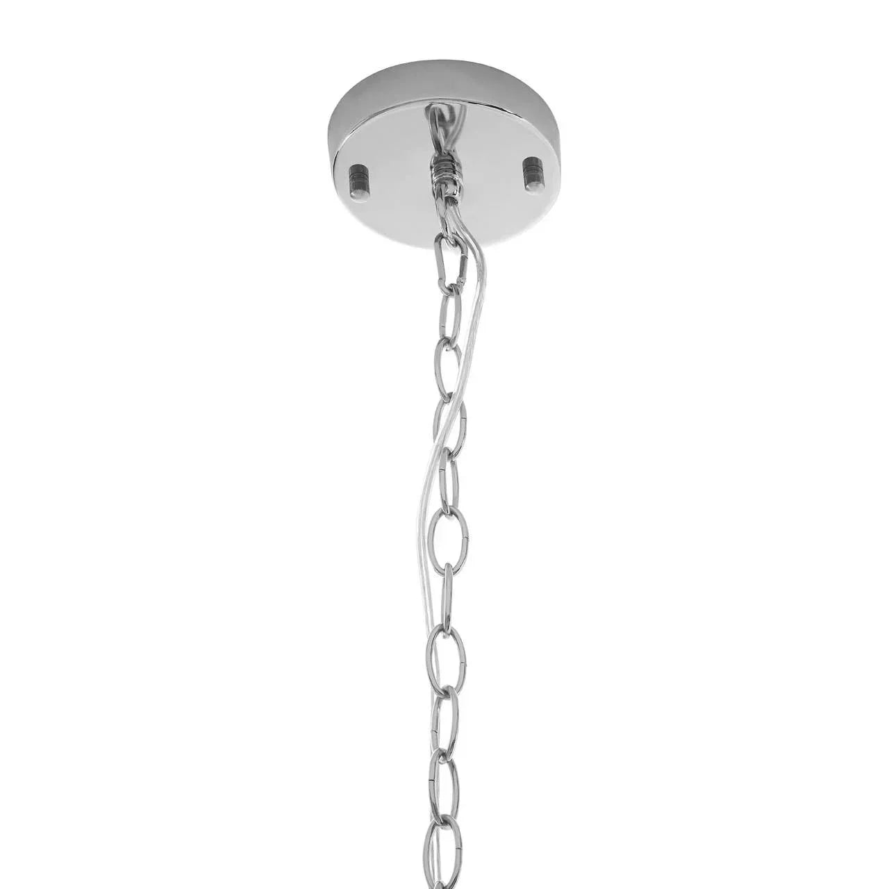 Chrome ceiling light fitting with chain and cable detail
