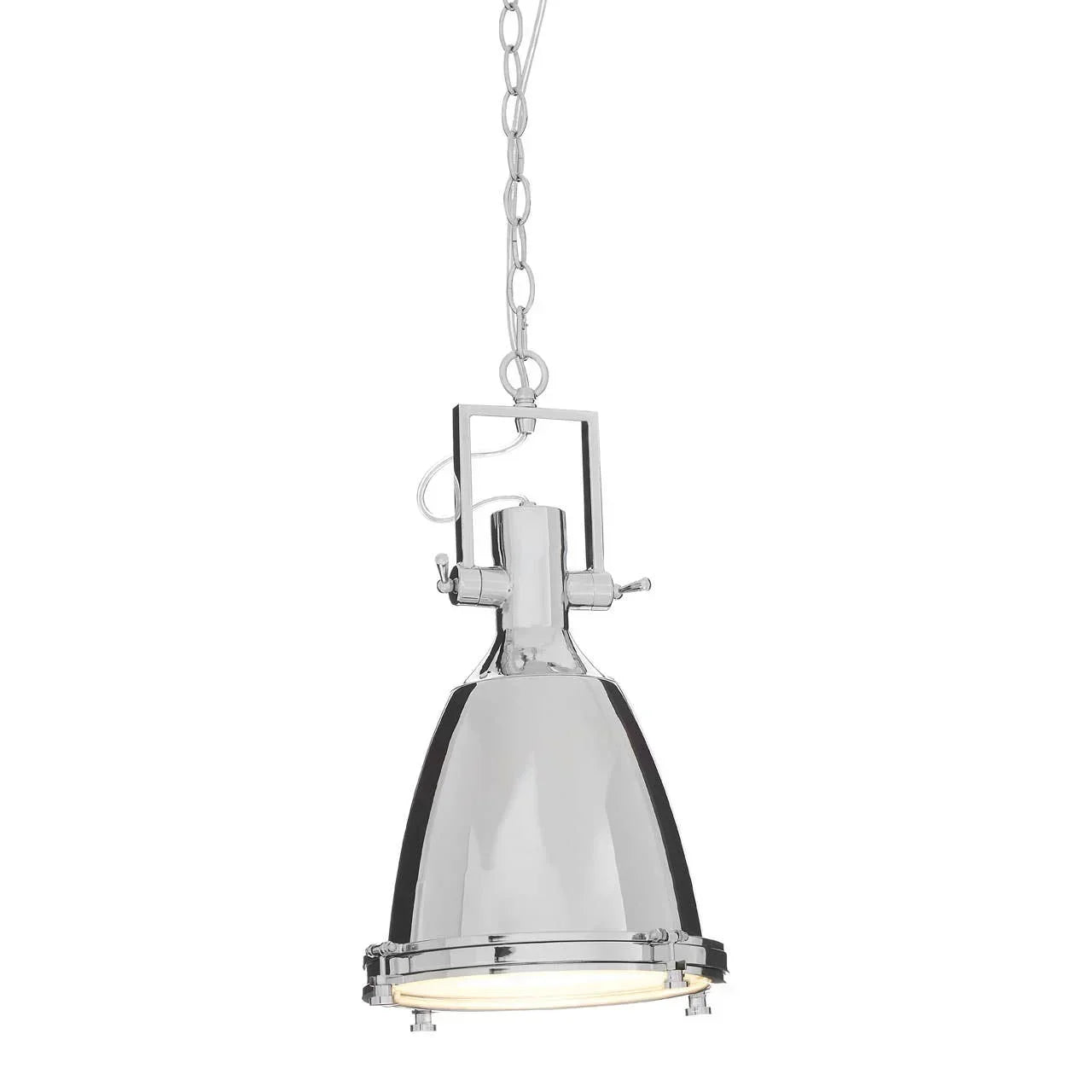Chrome pendant ceiling light with industrial dome shade and chain suspension