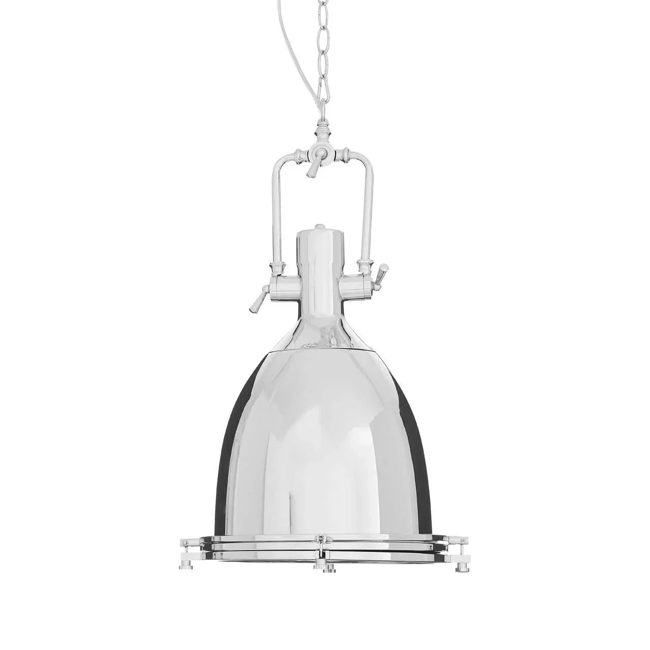 Chrome industrial pendant light fixture with chain and polished metal finish