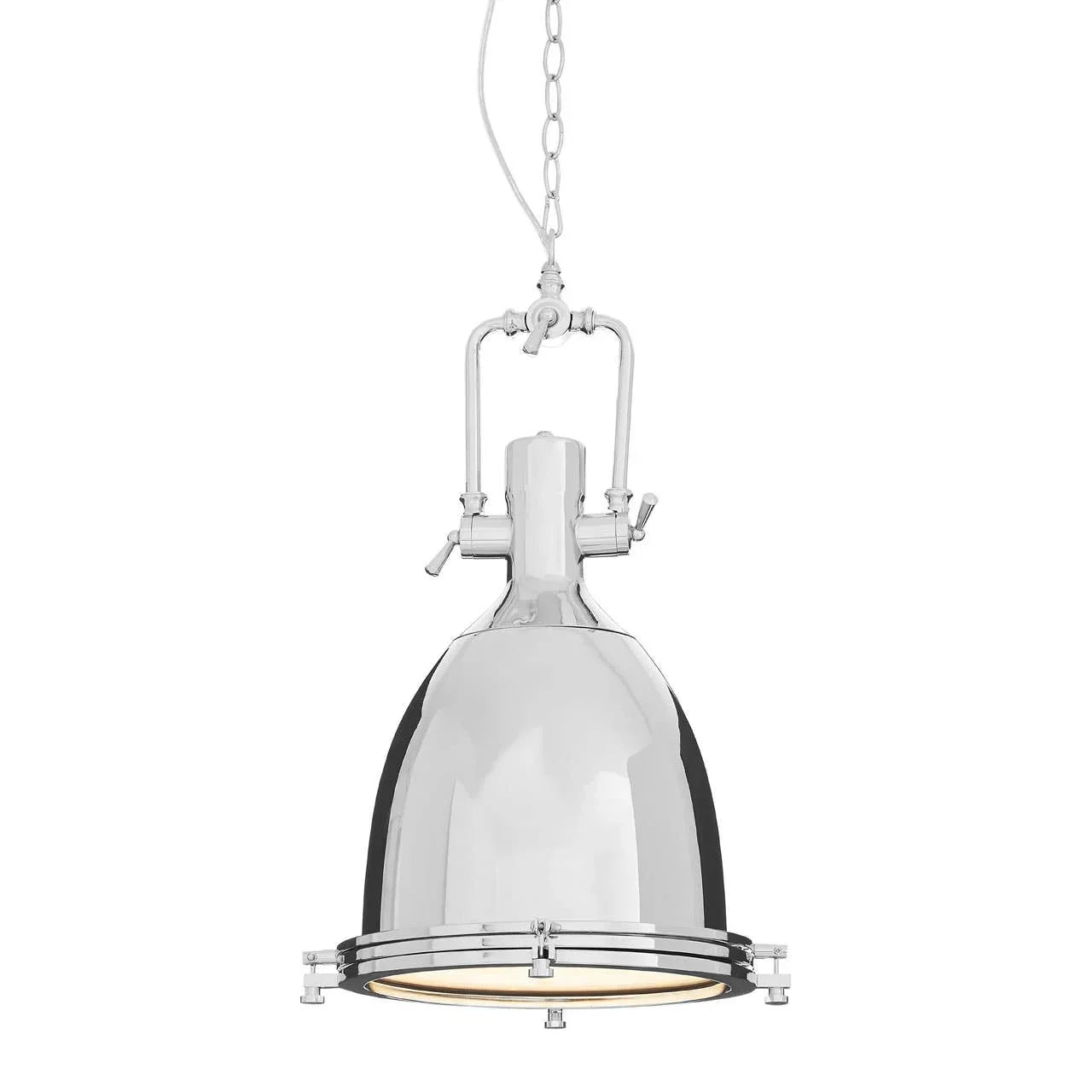 Polished chrome pendant light with industrial design and chain hanging detail
