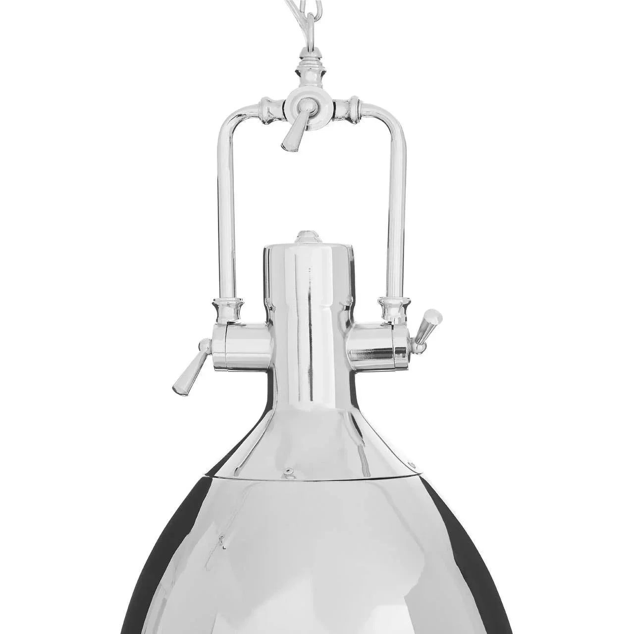Polished chrome pendant light fixture showing industrial style top handle and chain
