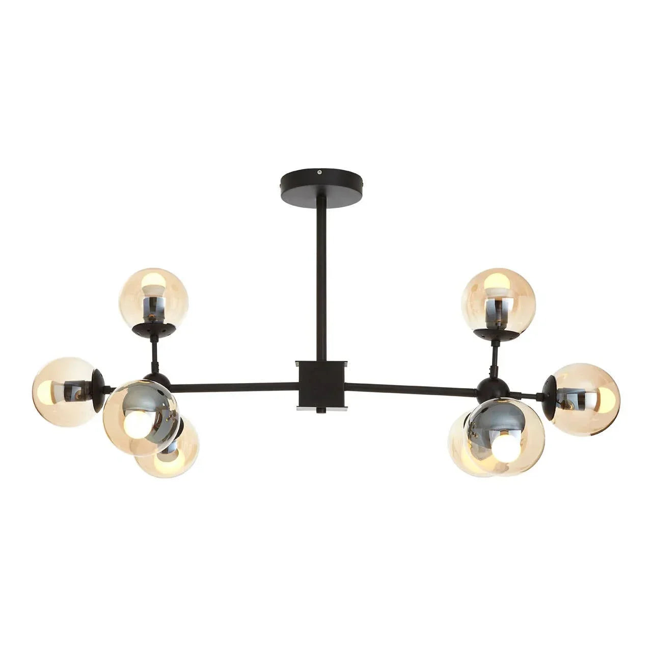 Modern ceiling light fixture with black frame and six glass globe lampshades