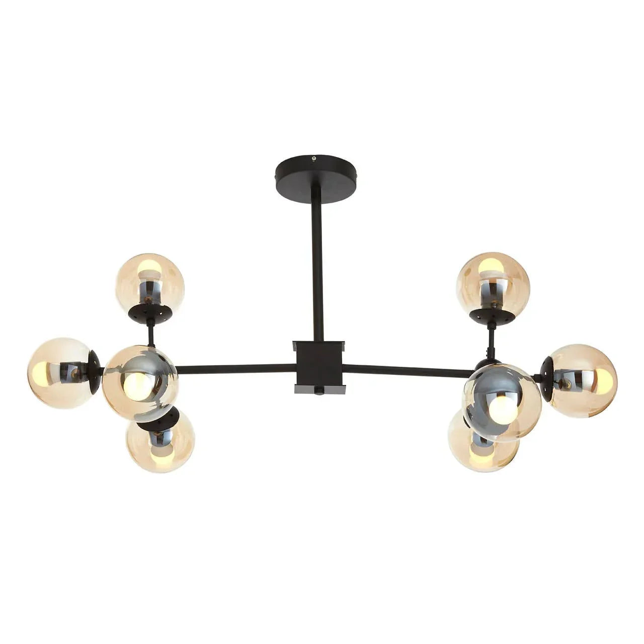 Modern black ceiling light with six glass globe shades and central metal rod
