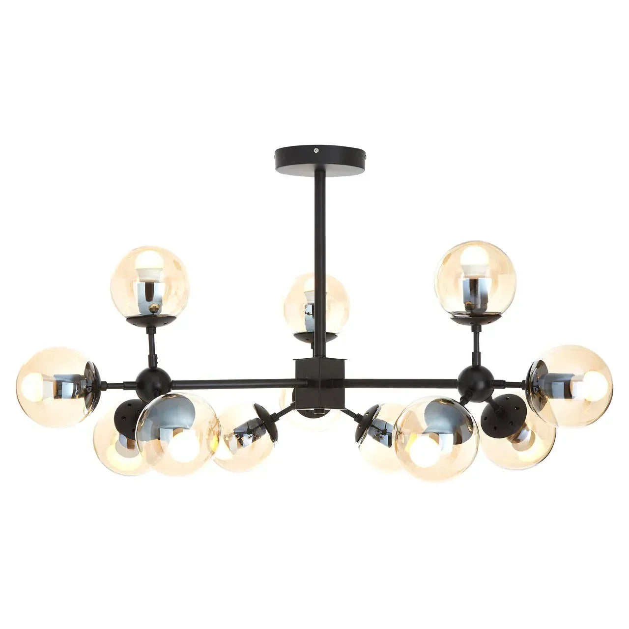 Modern ceiling chandelier with black frame and twelve round glass light bulbs