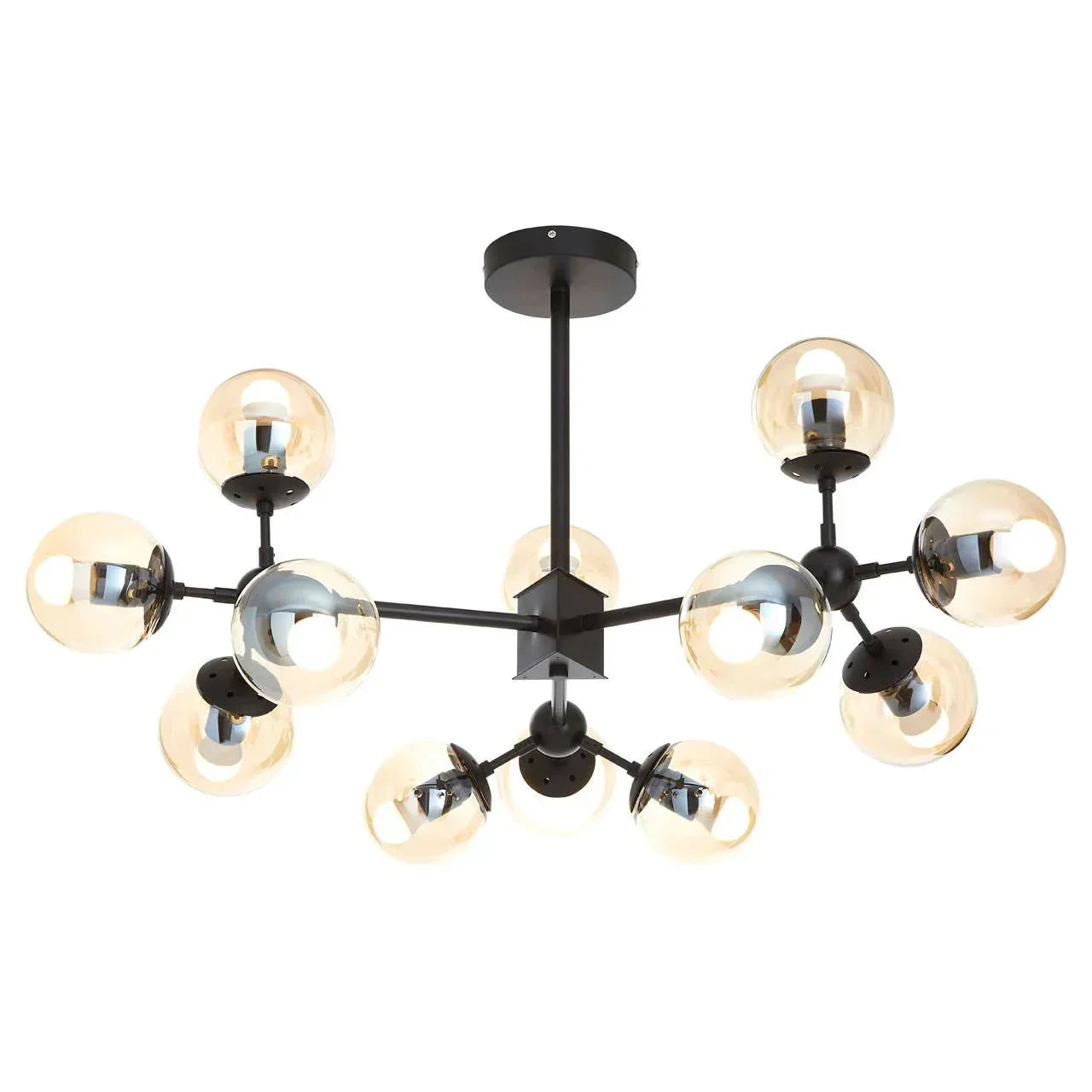 Modern black chandelier with twelve smoked glass globe light fixtures