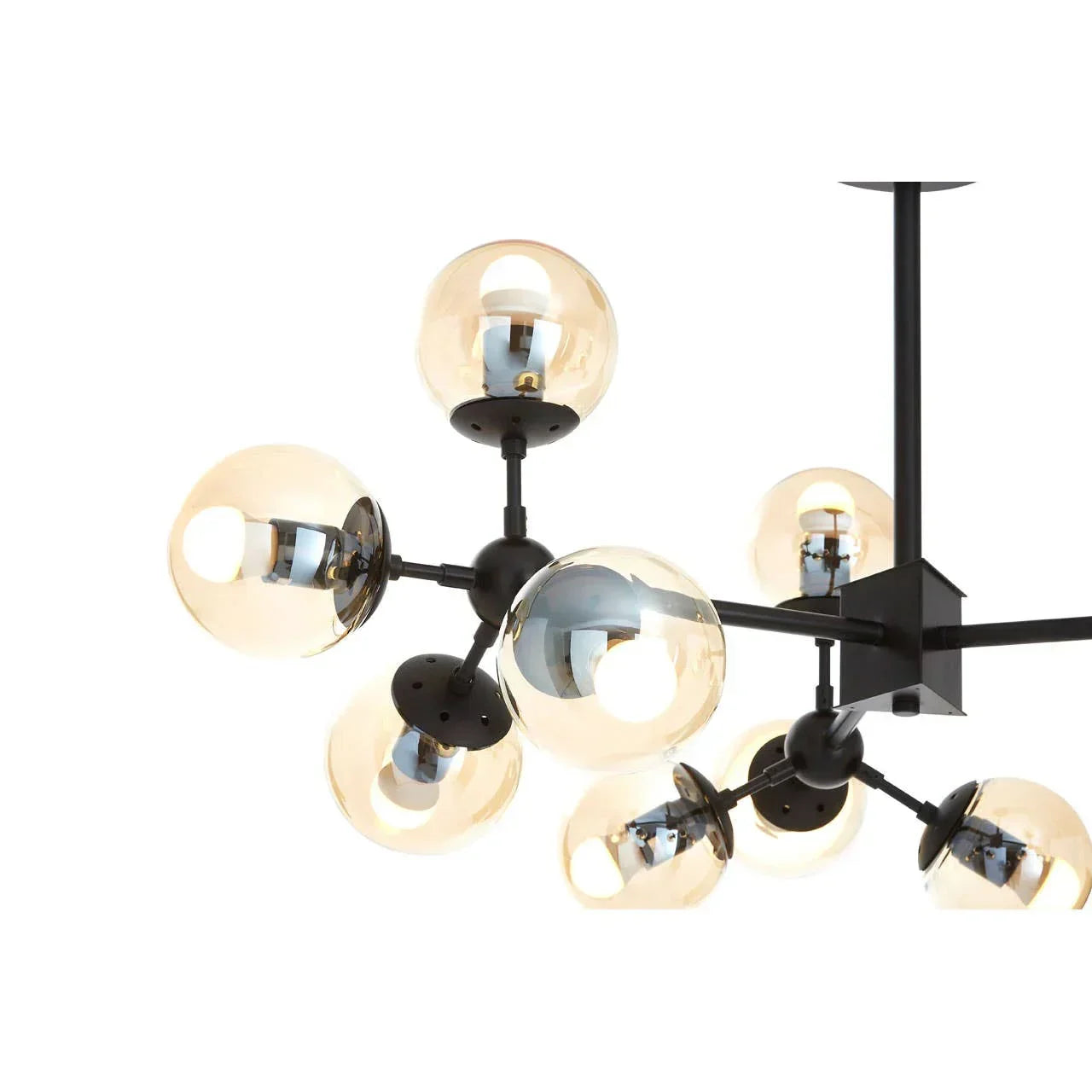 Modern ceiling chandelier with black metal arms and round glass globe light shades