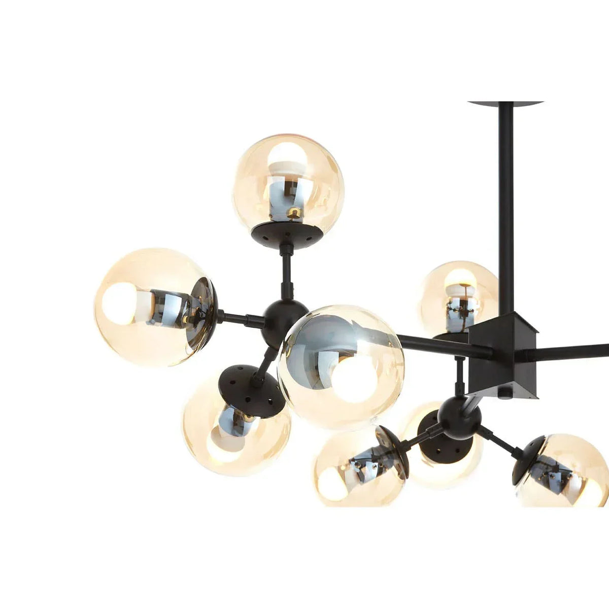 Modern ceiling chandelier with black metal arms and round glass globe light shades