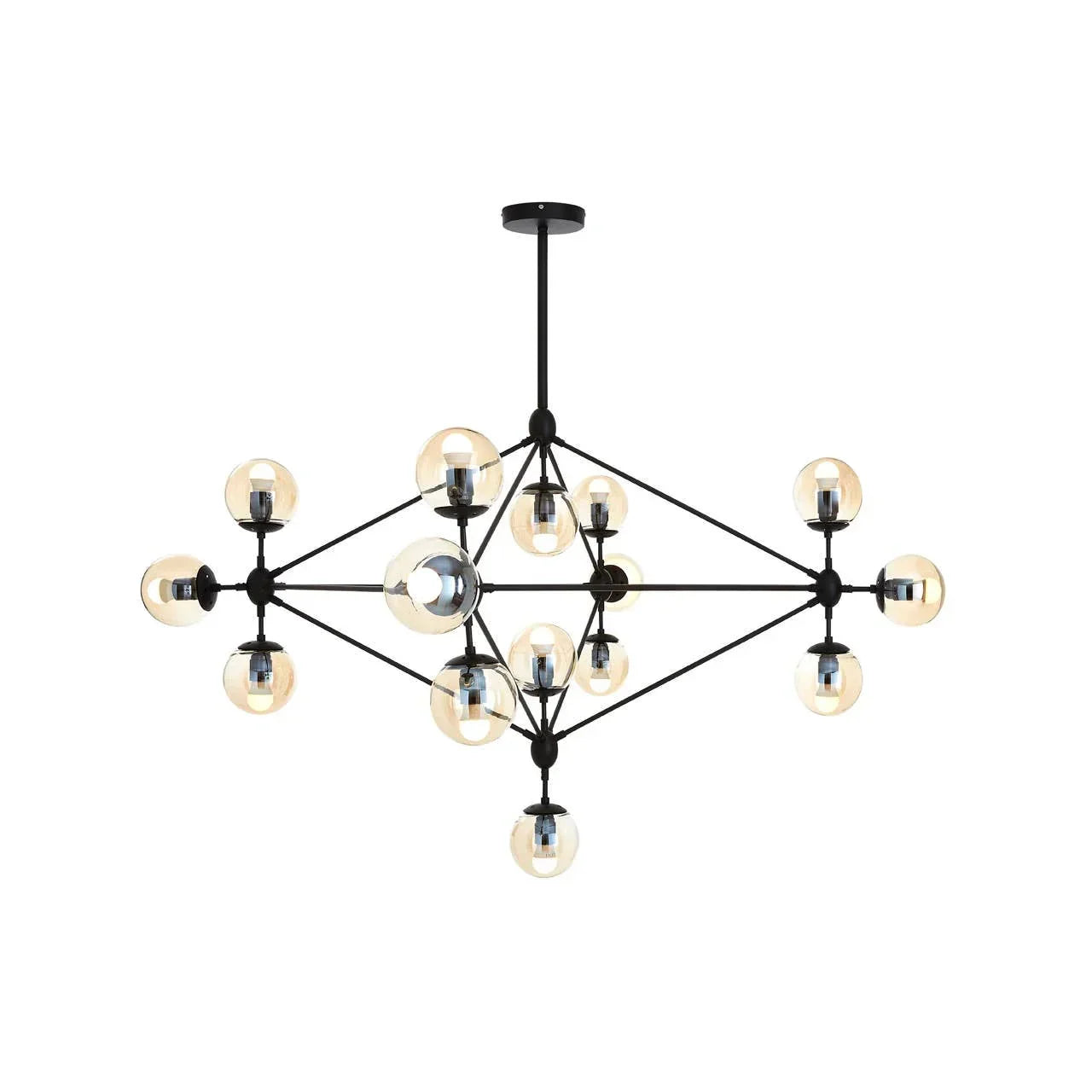 Modern chandelier with black frame and multiple glass globe lights, suspended from ceiling