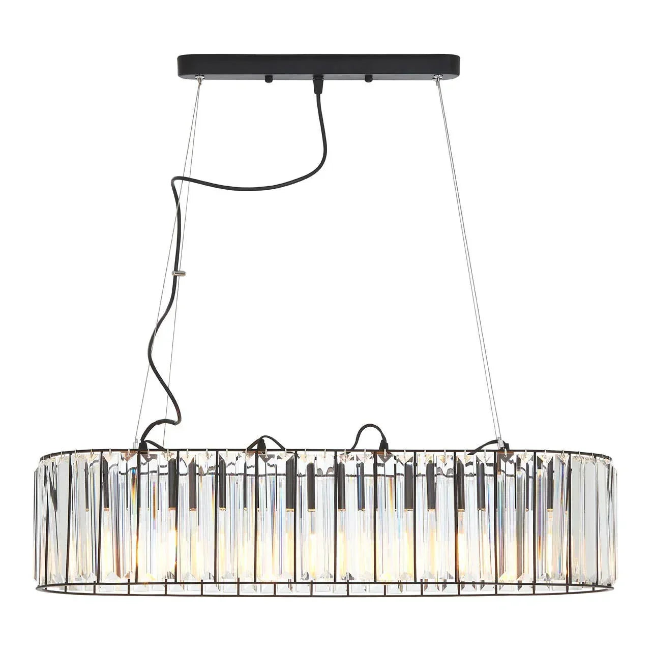 Rectangular crystal pendant light with metal frame and exposed bulbs suspended from ceiling