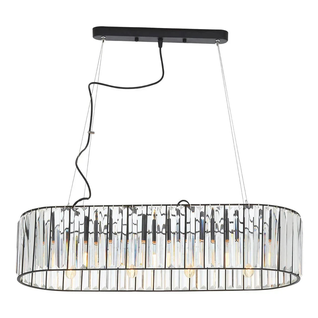 Crystal oval pendant light with black frame and exposed bulbs, suspended by wires