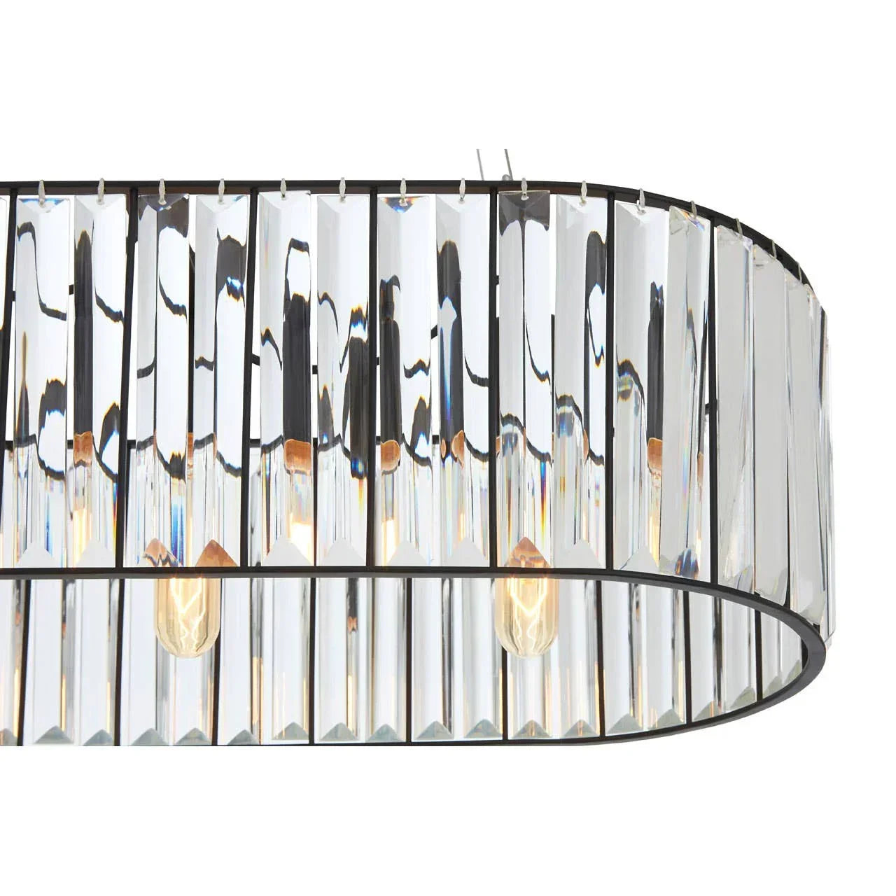 Contemporary crystal glass ceiling light with exposed bulbs and black frame