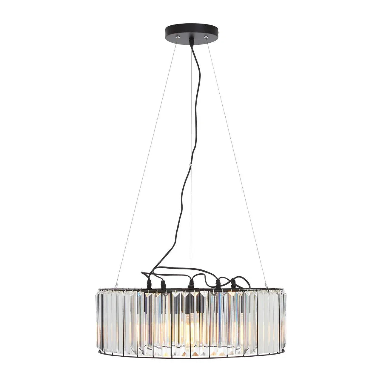 Modern crystal pendant light with black frame and round suspended design