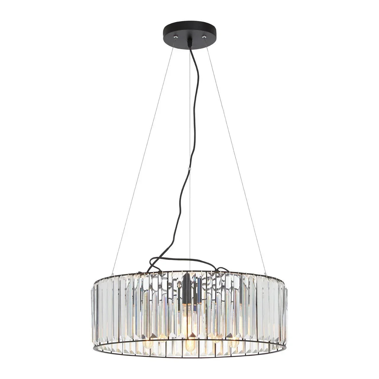 Modern crystal chandelier with black frame and clear glass panels, suspended from ceiling