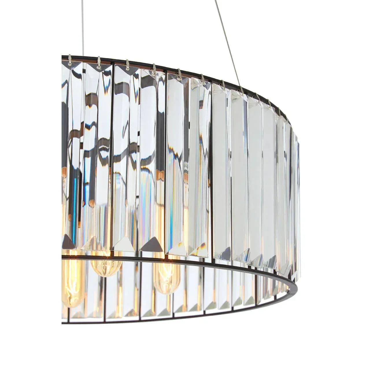 Crystal glass pendant light with exposed bulbs and metal frame, side view