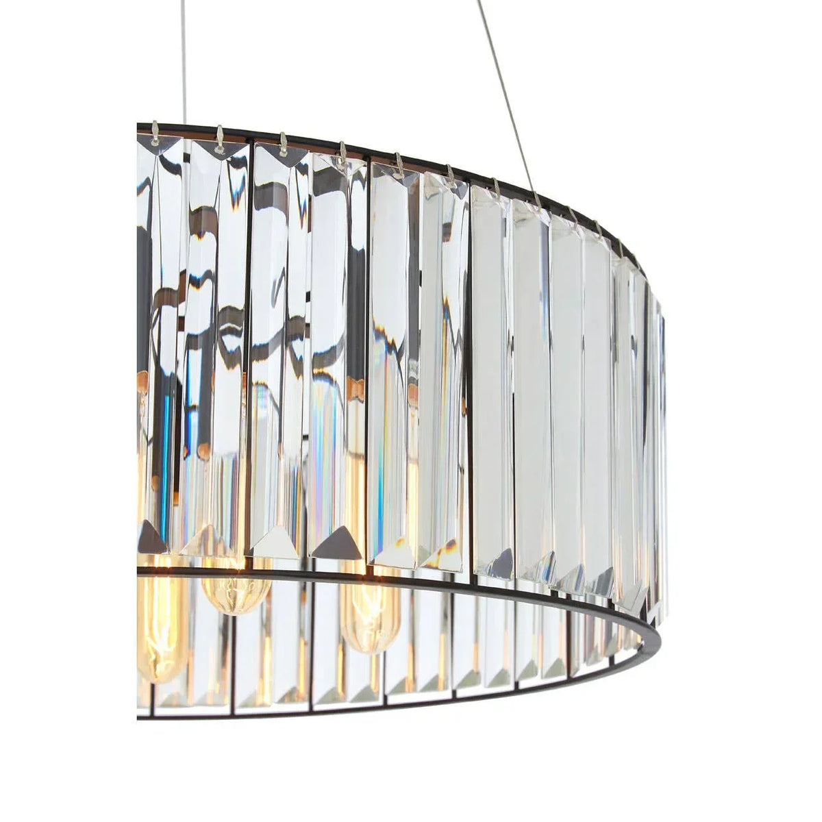 Crystal glass pendant light with exposed bulbs and metal frame, side view