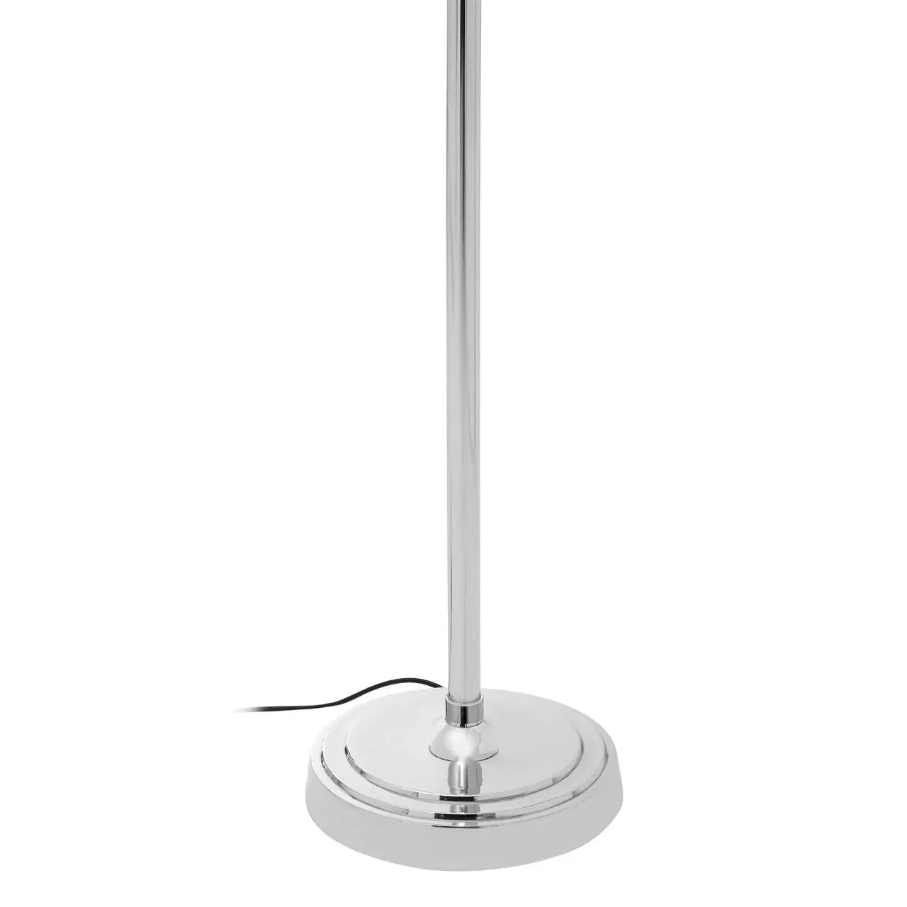 Chrome floor lamp base with round weighted design and visible power cord
