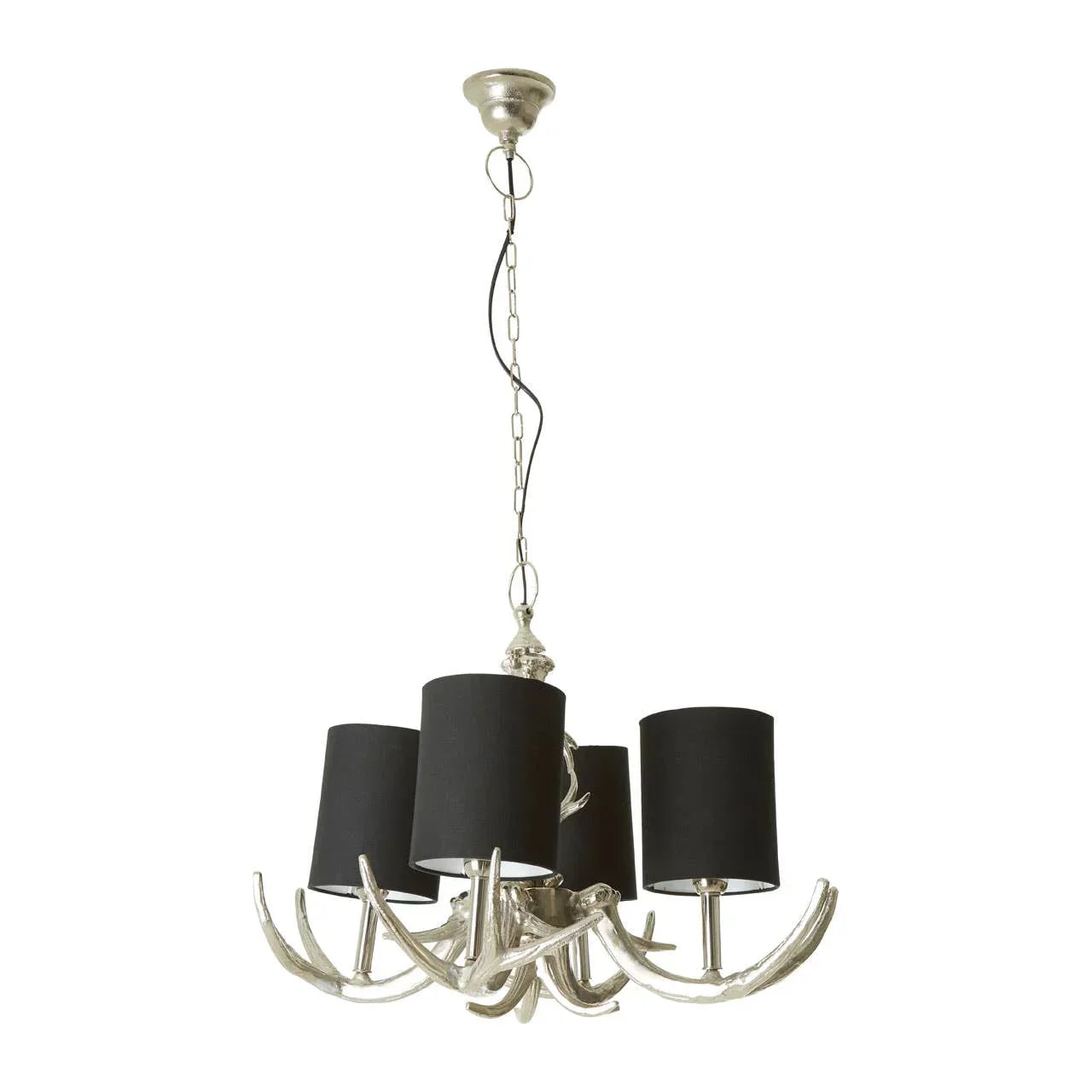 Silver antler chandelier with five black fabric lamp shades and chain hanging detail