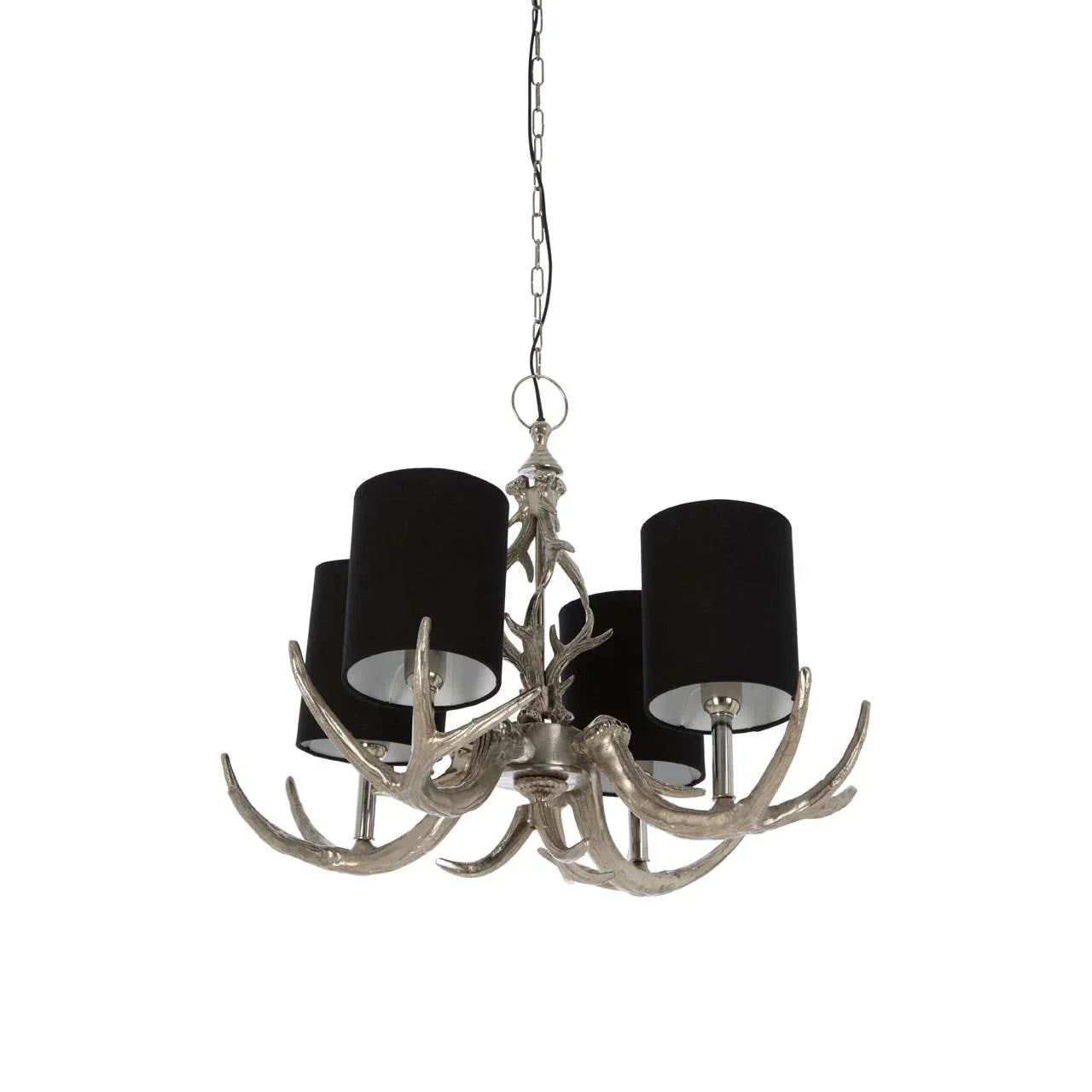 Silver antler chandelier with black fabric lampshades and chain suspension